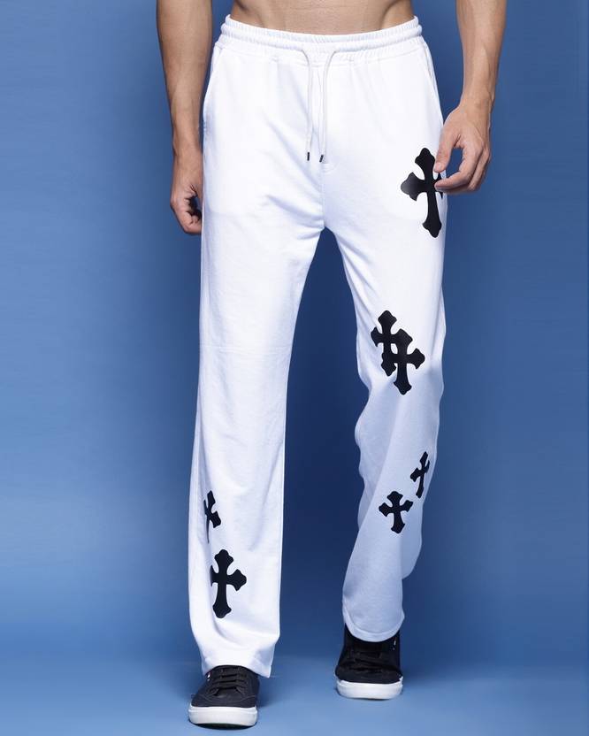 FLYNOFF White Printed Loose Fit Men's Track Pant - Image 1